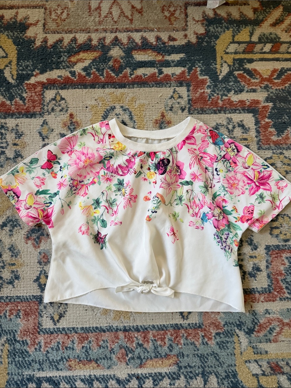 Girls White Floral Tie-Front Top - Pink Flower Print